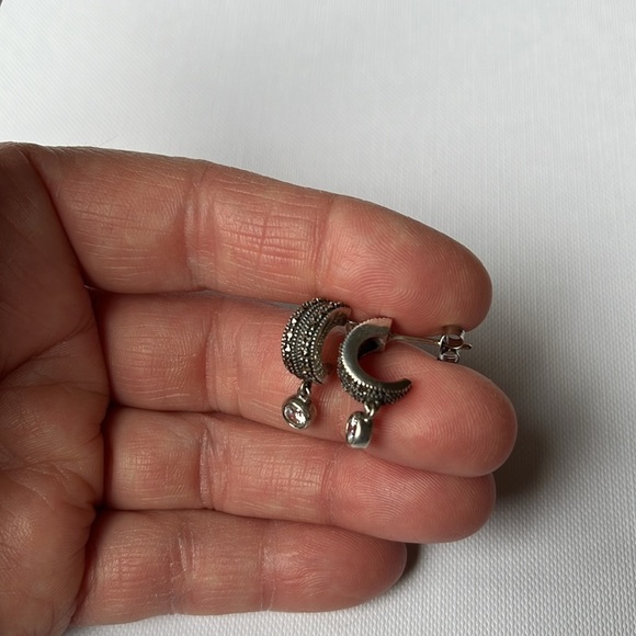 Judith Jack Sterling Silver Crystal Marcasite Huggie Style Hoop Earrings - Picture 11 of 11